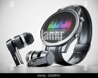 Generic smartwatch and wireless bluetooth headphones. 3D illustration Stock Photo