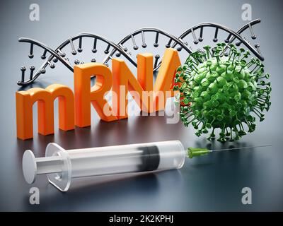 DNA model, syringe, virus model and mRNA text standing on gray surface. 3D illustration Stock Photo