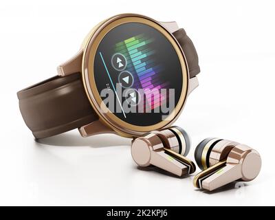 Generic smartwatch and wireless bluetooth headphones. 3D illustration Stock Photo