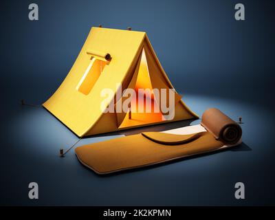 Camping tent and sleeping bag standing on dark blue background. 3D illustration Stock Photo