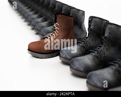 New suede boot stands out among old used boots. 3D illustration Stock Photo