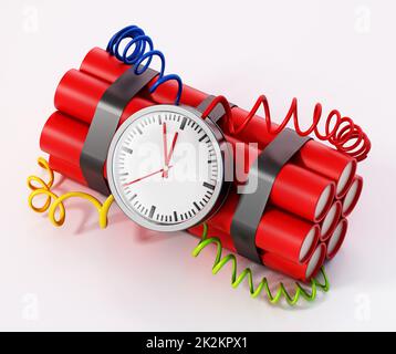 Dynamite clock pointing a few minutes to 12 o'clock. 3D illustration Stock Photo