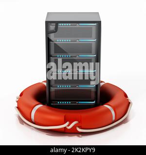 Network server in red life buoy. Network safety concept. 3D illustration Stock Photo