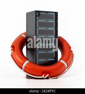 Network server in red life buoy. Network safety concept. 3D illustration Stock Photo