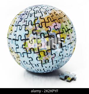 3D globe with world map consisting of puzzle parts isolated on white background. 3D illustration Stock Photo