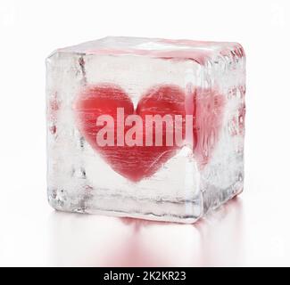 Red heart inside frozen ice cube. 3D illustration Stock Photo