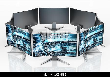Generic monitors with code wallpapers isolated on white background. 3D illustration Stock Photo