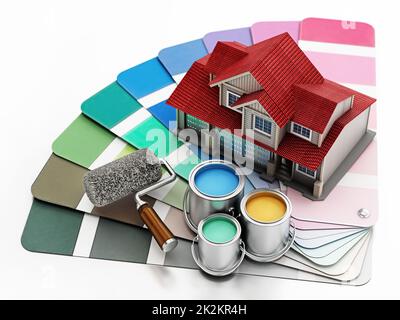 Color pallette guide, house model, paint cans and paint roller. 3D illustration Stock Photo