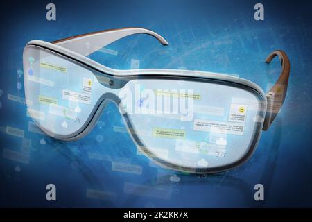 Virtual blue reality glasses isolated on black background. 3d rendering ...