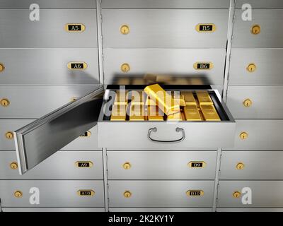 Gold ingots inside private bank deposit box. 3D illustration Stock Photo