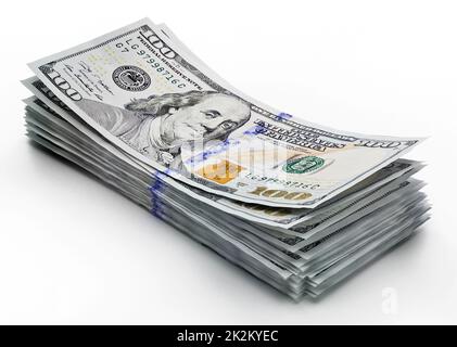 Stack of 100 dollar bills isolated on white background. 3D illustration Stock Photo