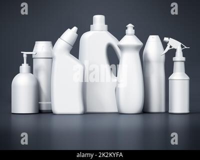 Blank cleaning product packages isolated on black background. 3D illustration Stock Photo