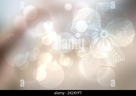 Abstract festive blur bright silver brown background texture with a ribbon bow and bokeh defocused bokeh lights. Birth, birthday, festival, valentine or other holidays backdrop. Card concept. Stock Photo