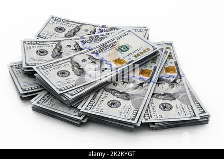 Stack of 100 dollar bills isolated on white background. 3D illustration Stock Photo