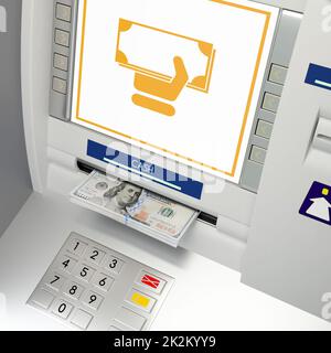 ATM machine, banknotes in money slot 3D illustration Stock Photo