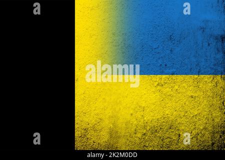 Kingdom of Belgium National flag with National flag of Ukraine. Grunge background Stock Photo