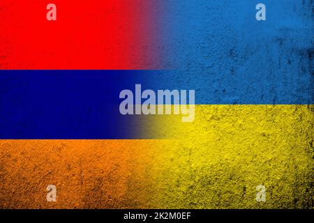 Republic of Armenia  national flag with National flag of Ukraine. Grunge background Stock Photo