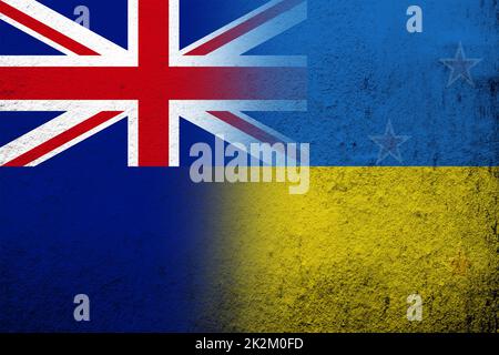 National flag of New Zealand with National flag of Ukraine. Grunge background Stock Photo