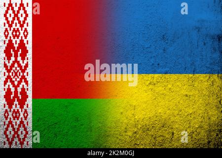 Republic of Belarus National flag with National flag of Ukraine. Grunge background Stock Photo