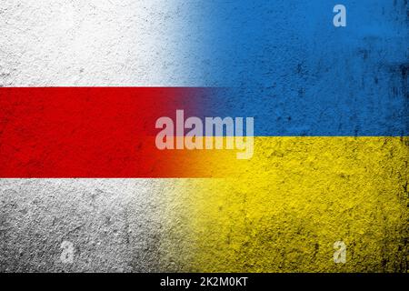 White-red-white flag of Belarusian Democratic Republic Belarus with National flag of Ukraine. Grunge background Stock Photo