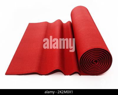 Rolled up red carpet isolated on white background. 3D illustration Stock Photo