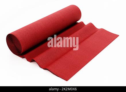 Rolled up red carpet isolated on white background. 3D illustration Stock Photo