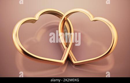 Two attached heart shaped rings standing on pink background. 3D illustration Stock Photo