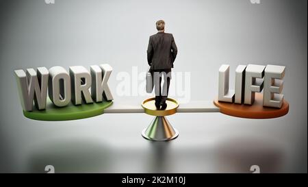 Work and life balance scale with businessman at the center. 3D ...