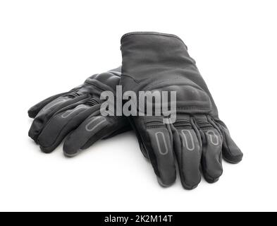 Black motorcycle gloves isolated on white background. Stock Photo