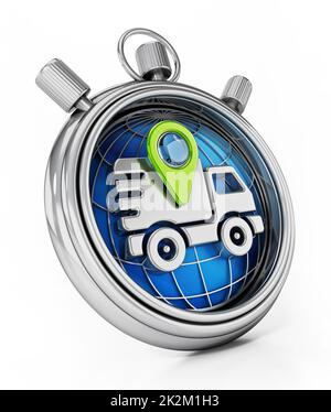 Delivery van and navigation marker on the globe inside the chronometer. 3D illustration Stock Photo