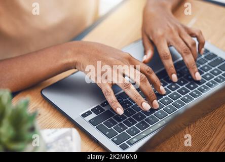 Hands, laptop and black woman software developer of cybersecurity programming company coding for website. Web designer, SEO and UX programmer girl Stock Photo