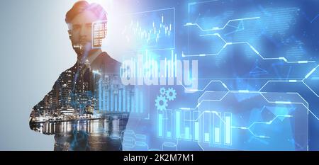 Silhouette of businessman on abstract blurry digital chart background Stock Photo