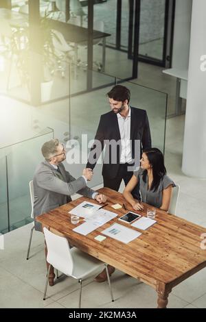 Youll be a great addition to the team. Shot of two businessmen shaking hands during a meeting in the office. Stock Photo