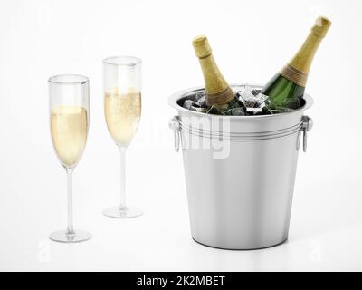 Champagne glasses and bottles inside ice bucket isolated on white background. 3D illustration Stock Photo