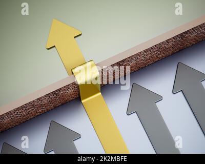 Golden arrow overcoming the obstacle wall. 3D illustration Stock Photo