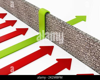 Green arrow overcoming the obstacle wall. 3D illustration Stock Photo