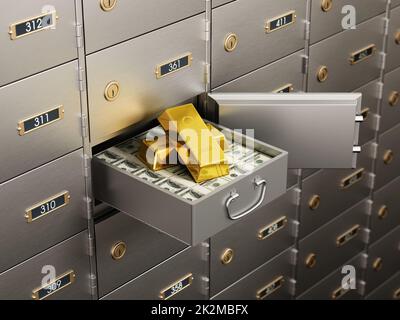 Open bank deposit box full of dollar bills and gold ingots. 3D illustration Stock Photo