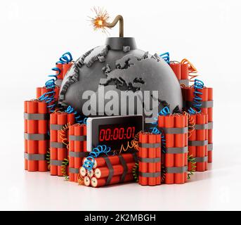 Group of dynamites around the bomb shaped earth isolated on white background. 3D illustration Stock Photo