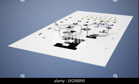 Vision test chart and eyeglasses. 3D illustration Stock Photo