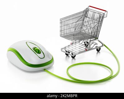 Shopping cart and computer mouse isolated on white background. 3D illustration Stock Photo