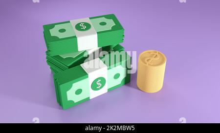Cash Bundles and coins stack on purple background. money-saving, cashless society concept. 3d render illustration Stock Photo
