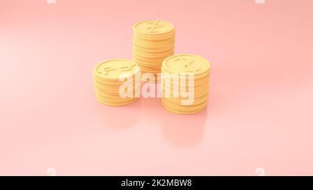 3D Gold Coins Stack on pink background, 3D coins icon for web banner, and mobile application icon. Stock Photo