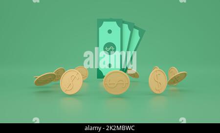 Cash dollar bills and floating coins around on green background. money-saving, cashless society concept. Stock Photo