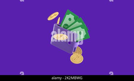 Wallet and banknotes with coins going around icon, Money saving concept. 3d illustration Stock Photo