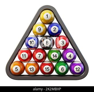 Pool or billiard balls arrangement inside billiards triangle. 3D illustration Stock Photo