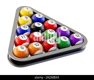 Pool or billiard balls arrangement inside billiards triangle. 3D illustration Stock Photo