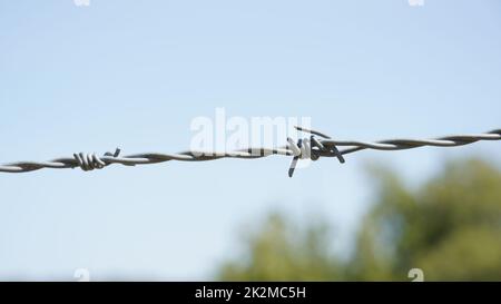 Barbed wire against blue sky. Part of guarding farm fence. A close up of a barbed wire fence at a cattle farm, protecting private property Stock Photo