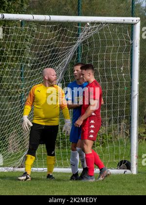 Glasgow, Scotland, United Kingdom. September 17th 2022: A goalkeeper stares at a player from an opposite team. Stock Photo