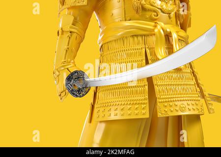 Close-up of samurai holding japanese katana sword. 3D Rendering Stock Photo