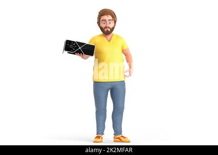 Guy holding computer graphic GPU video adapter card. Isolated on white background. 3D Rendering Stock Photo